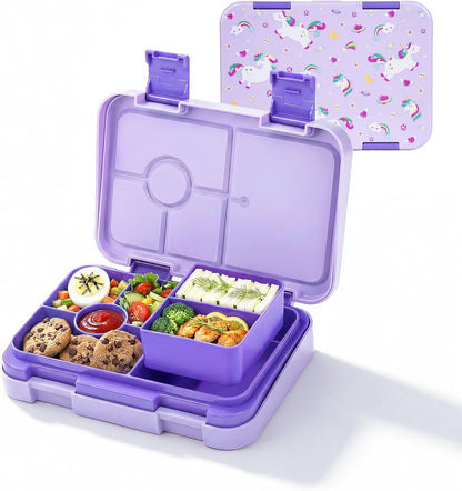 Bento Lunch Box for Kids, 6 Compartments BPA Free, Dishwasher Safe Back to School Snack Bento Lunch Containers Boxes, Ideal Portion Sizes for On-the-Go Meal, Ages 3+, School, Green Patterned