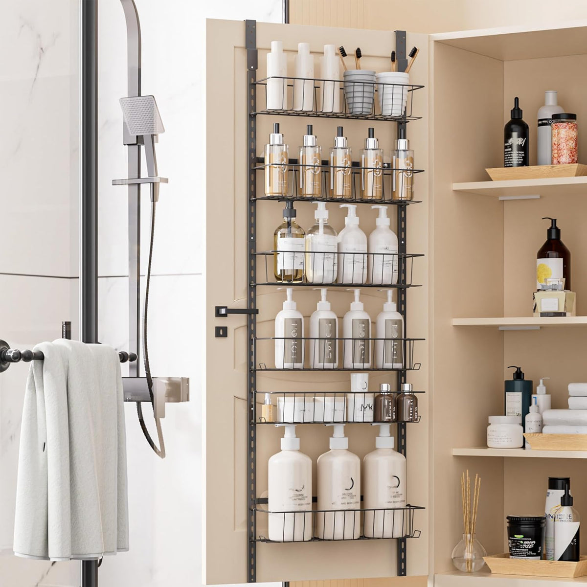 Delamu Adjustable Cabinet Door Organizer, 6-Tier Hanging Spice Rack Organizer, Metal Over the Door Pantry Organizer, Pantry Organizers and Storage Shelves for Kitchen Bathroom Laundry Room, White M