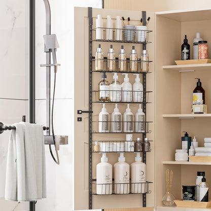 Delamu Adjustable Cabinet Door Organizer, 6-Tier Hanging Spice Rack Organizer, Metal Over the Door Pantry Organizer, Pantry Organizers and Storage Shelves for Kitchen Bathroom Laundry Room, White M