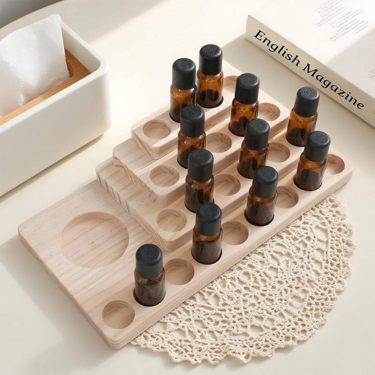 Essential Oil Display Stand 4 Tier Essential Oil Holder Solid Wood Essential Oil Rack for 24 Bottles Tabletop Display Holder Bottle Organizer for 5-20ml Bottles Display for Essential Oils