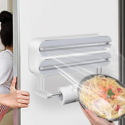 AUSTUFF 3 in 1 Plastic Wrap Dispenser with Cutter，Magnetic Aluminum Foil and Adhesive Film Organizer, Wall Mount Kitchen Wrap Organizer, Cling Wrap Dispenser with Paper Towel Holder and Cutter