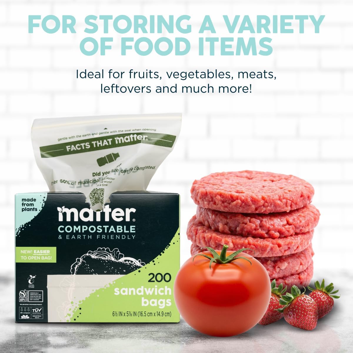 Matter Compostable Assorted Kitchen Bags, 230 Count, Biodegradable, Eco-Friendly Resealable Food Storage Variety Pack, 80 Snack, 80 Sandwich, 50 Quart & 20 Gallon