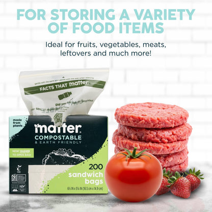 Matter Compostable Assorted Kitchen Bags, 230 Count, Biodegradable, Eco-Friendly Resealable Food Storage Variety Pack, 80 Snack, 80 Sandwich, 50 Quart & 20 Gallon