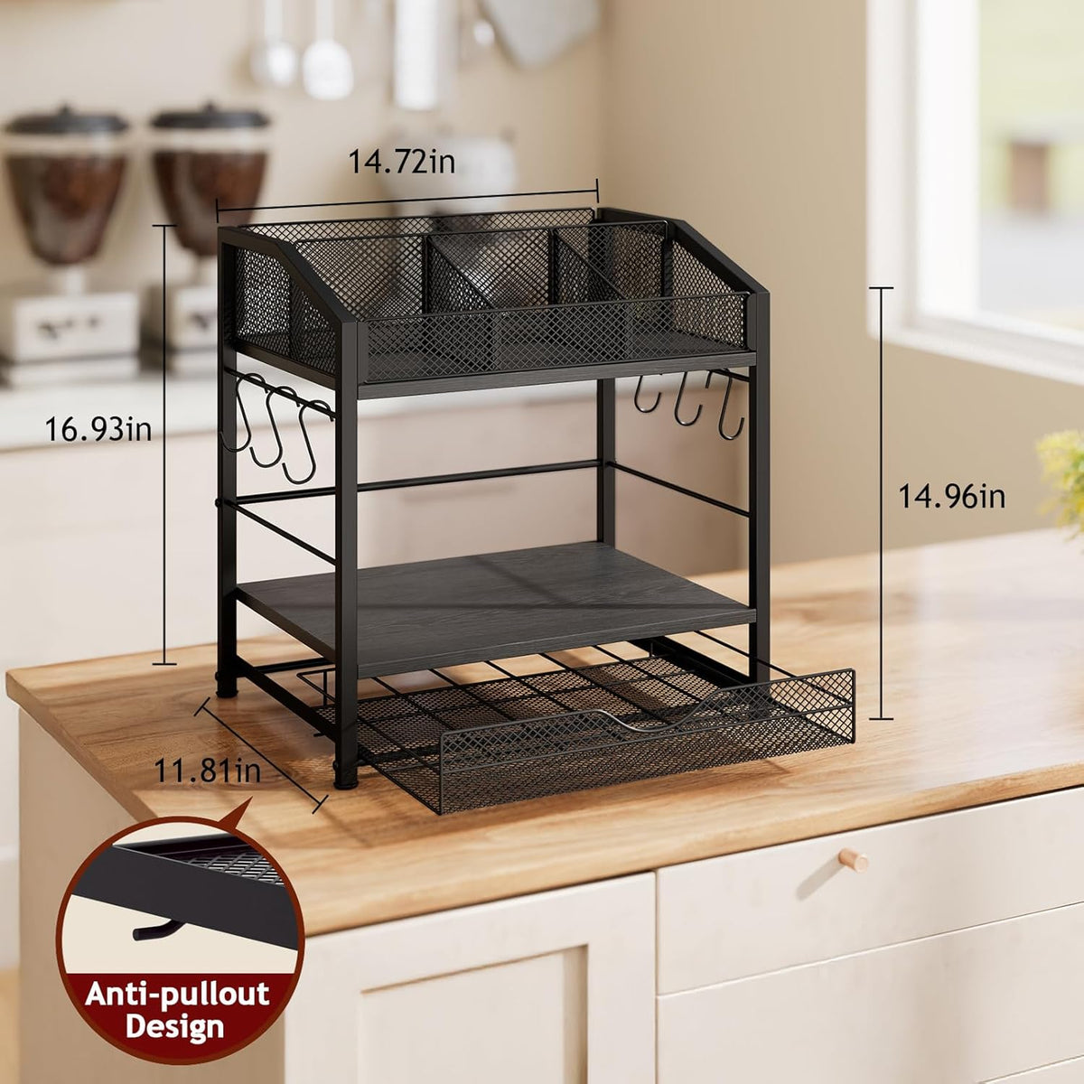 Homsorout Coffee Bar Organizer - Countertop Coffee Station, 42 K Cup holder Storage Basket with Drawer and Hooks for Syrup, Cups, Stirrer, Condiment, Tea Organizer, Black and Brown