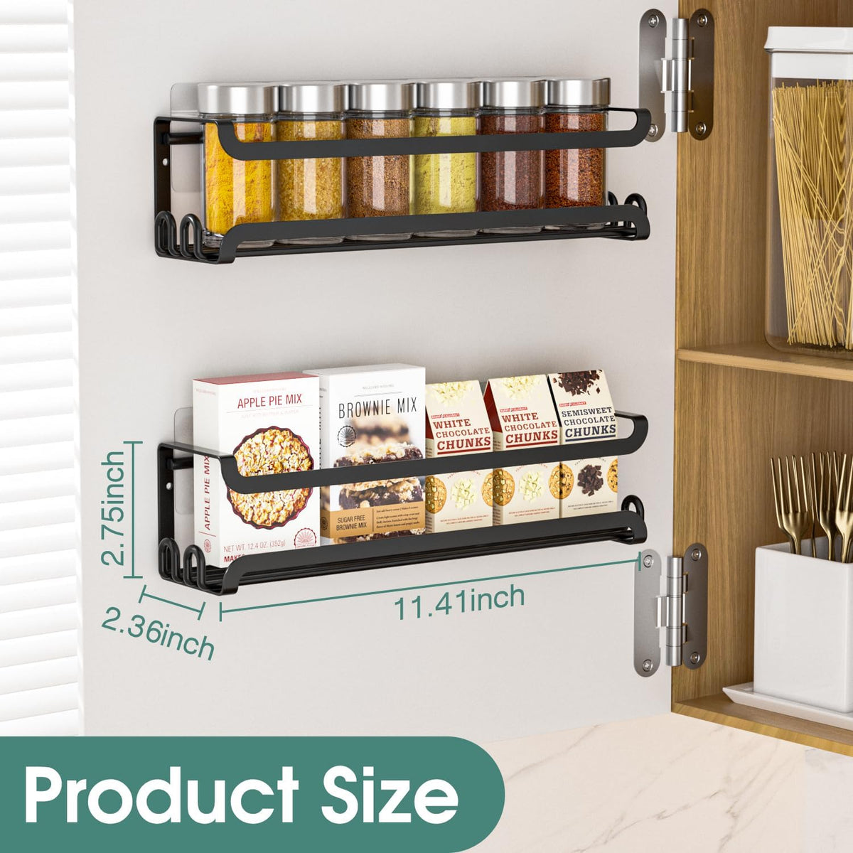 LUCYCAZ Wall Mounted Spice Rack with 8 Hooks, Spice Organizer Shelf for Stove Cabinet Pantry Door,Screw or Adhesive Spice Shelf Hanging Wall Spice Rack in Kitchen and RV (Black)