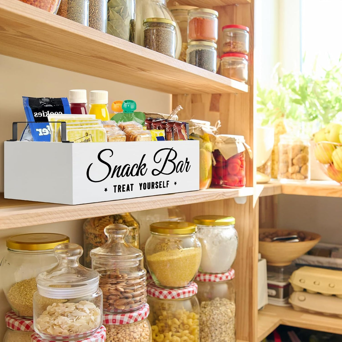 Snack Organizer for Countertop, Wood Pantry Storage Bins with Handles, Snack Bar Organizer for Kitchen, Office, 4 Compartment Food Container Snack Box with Drawer, Pantry Organizer for Chips, Candy