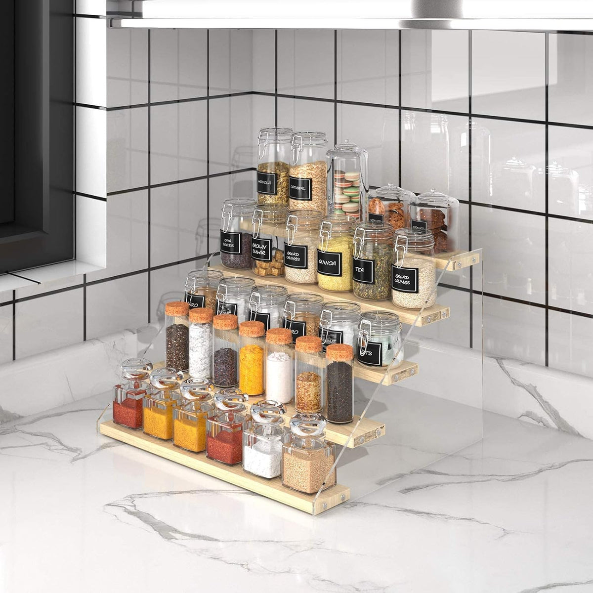 VAEHOLD Spice Rack Organizer for Cabinet & Countertop - Seasoning Organizer Spice Shelf - Space Saving Wooden Display Risers Shelf Showcase Fixtures Jewelry (5 Tier)