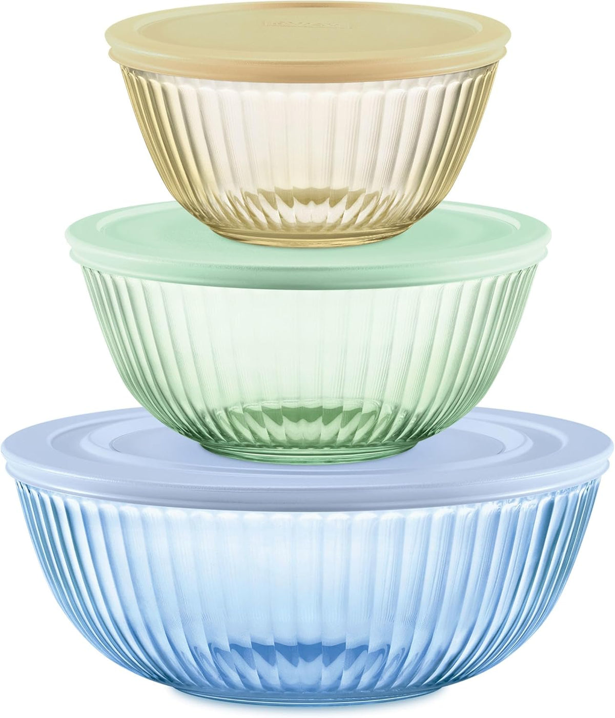 Pyrex Colors Tinted (Full Set) Sculpted Tinted Glass Mixing Bowls With Plastic Lids, Nesting Space Saving Set of Bowls For Prepping and Baking, 1.3QT, 2.3QT & 4.5QT