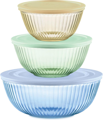 Pyrex Colors Tinted (Full Set) Sculpted Tinted Glass Mixing Bowls With Plastic Lids, Nesting Space Saving Set of Bowls For Prepping and Baking, 1.3QT, 2.3QT & 4.5QT