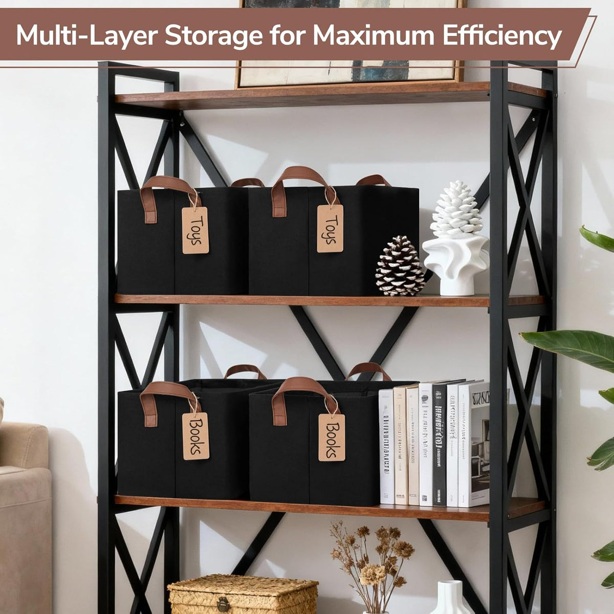 CHICVITA 4 Pack Large Storage Baskets for Shelves, Collapsible Closet Organizer Bins with Metal Frame, Fabric Storage Bins for Clothes Towels Organization, 16.8" x 11" x 9.8", Beige