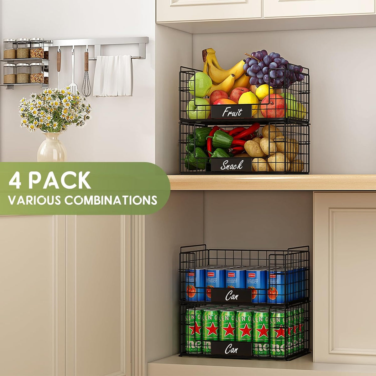 JKsmart 4 Pack XXL Stackable Wire Baskets with Handles for Pantry Storage and Organization,Fruit and Vegetable Basket with Name Plates,Metal Storage Bins for Snack Can Fruit Veggies