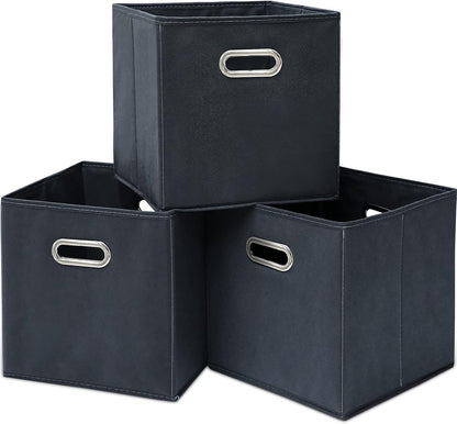 Black Fabric Cubby Storage Bins，13x13x13 Inches ，Cube Organizer Bin Foldable Storage Boxes with Dual Handles Fabric Organizer Box and collapsible Storage basket，Set of 3 ，Black