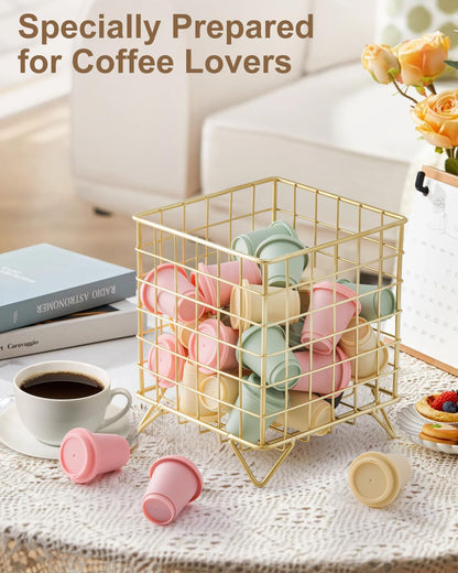 FantasyLife K Cup Holder Organizer, 5.3" x 5.3" x 6.3" Coffee Pod Storage Basket, Coffee Bar Accessories Metal Basket, Large Capacity Countertop Organizer for Kitchen Counter & Office Desktop (Gold)