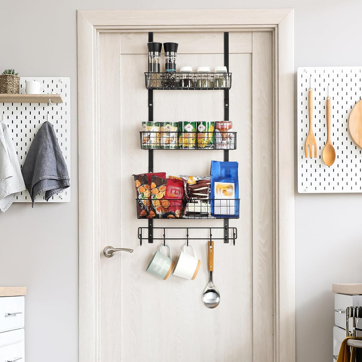 Over the Door Pantry Organizer 3 Tier Hanging Basket Back Door Storage Rack Shelf Metal Over the Door Shelves with 3 Baskets and 5 Hooks for Bathroom Kitchen Pantry Bedroom, Black