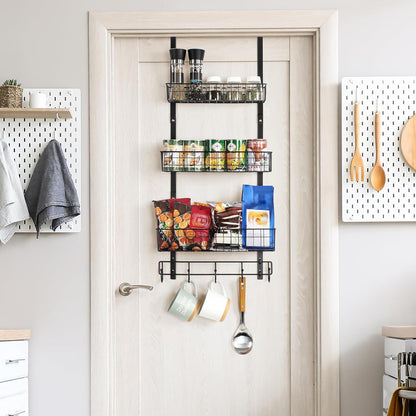 Over the Door Pantry Organizer 3 Tier Hanging Basket Back Door Storage Rack Shelf Metal Over the Door Shelves with 3 Baskets and 5 Hooks for Bathroom Kitchen Pantry Bedroom, Black