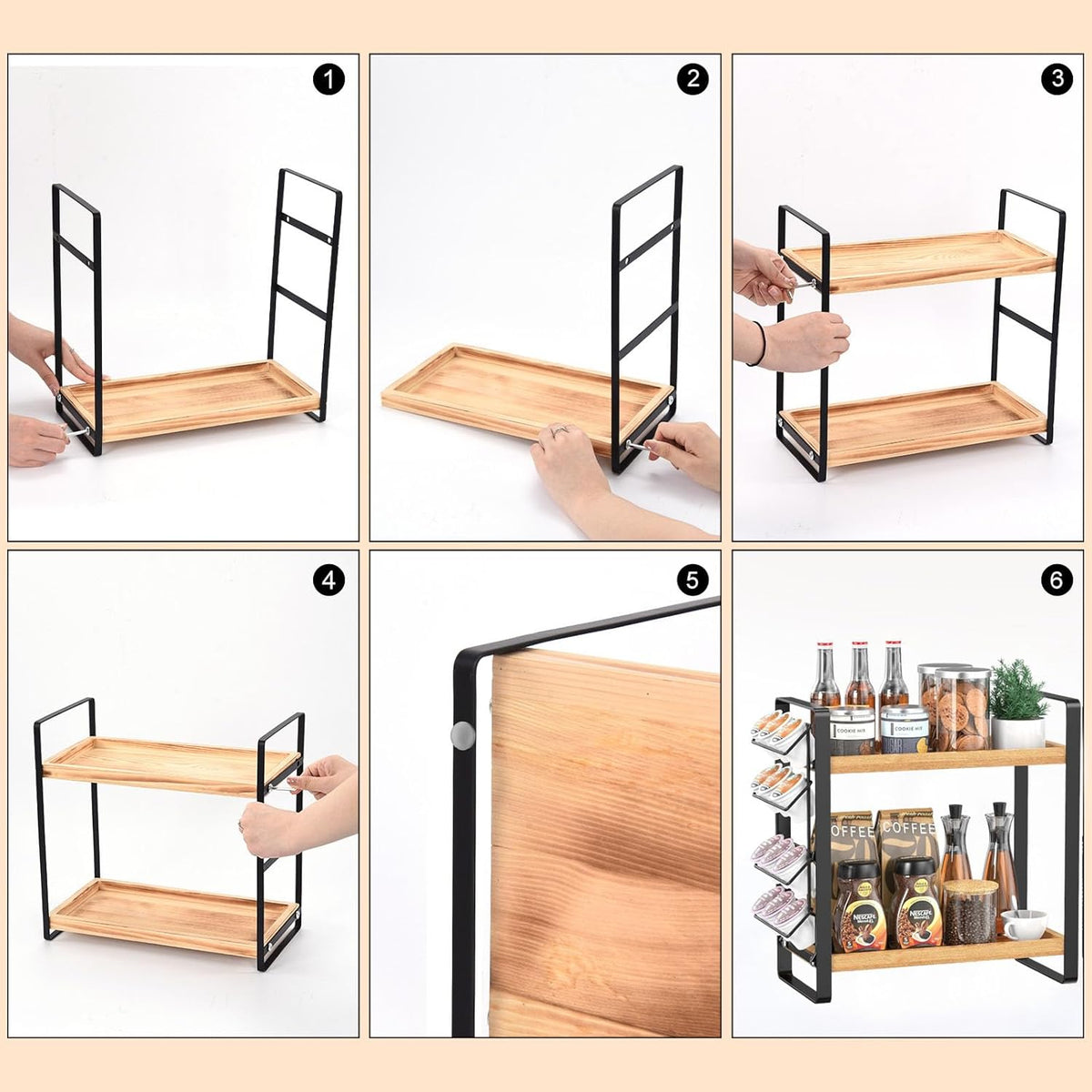 LEMIKKLE 2-Tier Coffee Bar Organizer With Basket,Wooden Counter Shelf for Coffee Bar Accessories,Kitchen Spice Rack Organizer for Countertop-Brown