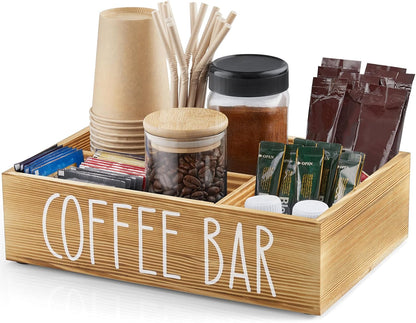 ALELION Coffee Station Organizer - Wood Countertop Accessories Organizer with Removable Dividers for Pods Condiment Syrup Tea Cups Stirrers - for Farmhouse Coffee Bar Decor