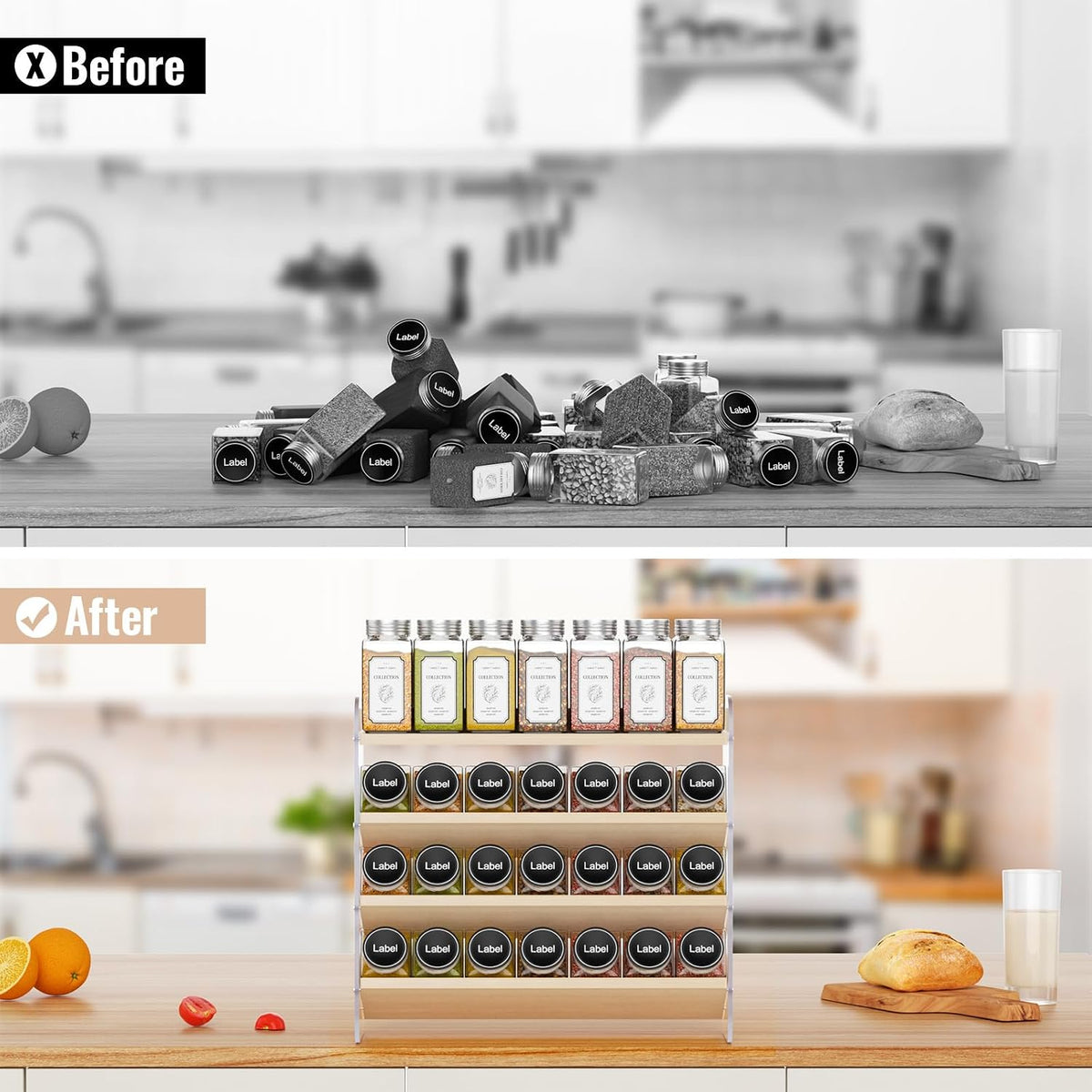 MUDEELA 4 Tier Spice Rack Organizer for Cabinet,Wooden Vertical Spice Shelf, Seasoning Organizer for Countertop, Kitchen, Pantry, Freestanding, 13.4" W × 11.2" H (No Jars Included), White