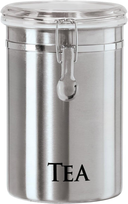 Oggi Stainless Steel Sugar Canister 62 fl oz - Airtight Clamp Lid, Clear See-Thru Top - Ideal Sugar Container for Countertop, Sugar Jar, Bulk Sugar Storage. Large Size 5" x 7.5".