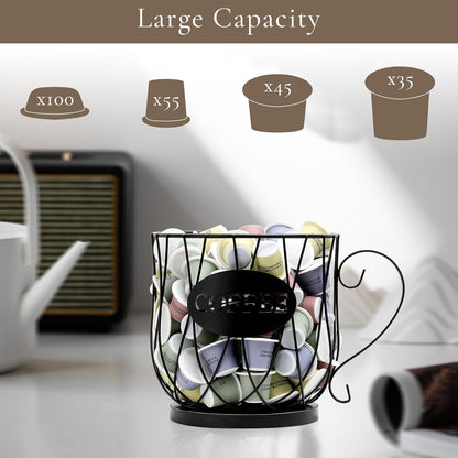 Coffee Pod Holder Organizer,Large Capacity K Cup Holder Organizer, Storage Basket for Kitchen Countertop Office Coffee Bar with Wooden Base(Rustic Brown-Square)