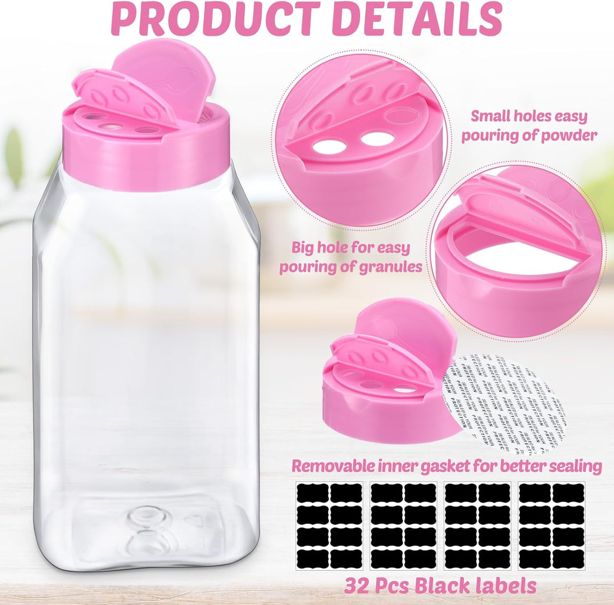 Mifoci 28 Pack 16 oz Plastic Spice Jars with Cap Square Plastic Bottle Containers with Shaker Lids and Stickers Large Seasoning Shaker Empty Powder Storage Container for Storing Salt Herbs (Black)