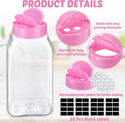 Mifoci 28 Pack 16 oz Plastic Spice Jars with Cap Square Plastic Bottle Containers with Shaker Lids and Stickers Large Seasoning Shaker Empty Powder Storage Container for Storing Salt Herbs (Black)