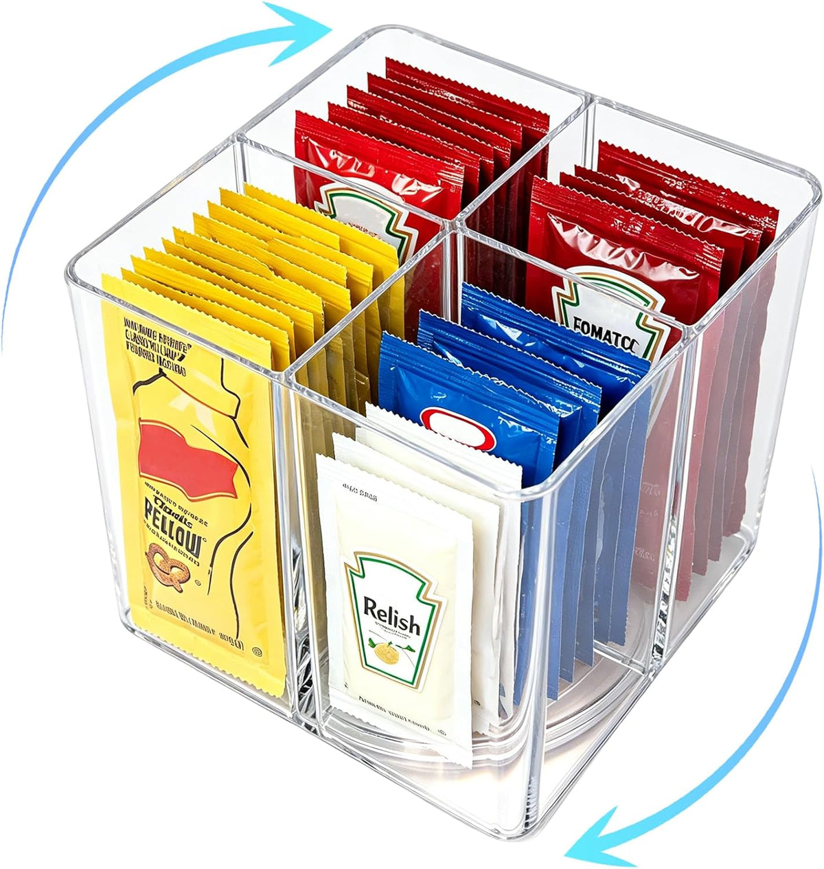 Sauce Packet Organizer with 360° Turntable, Clear Plastic Condiment Packet Holder with Dividers,Organizer and Storage for Ketchup Packets,Mayo Packets,Hot Sauce,Seasoning,Drink Packet,Square
