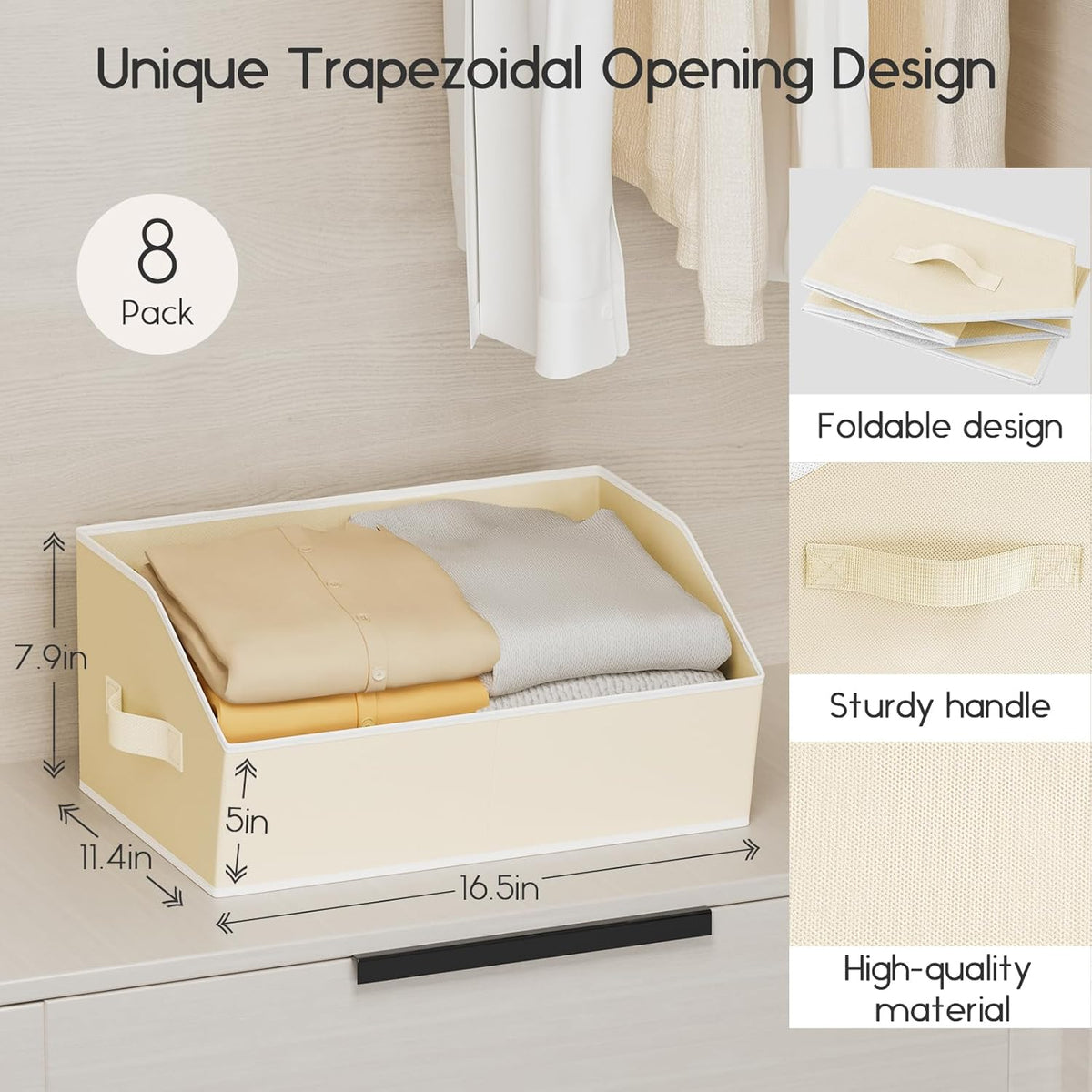 Homsorout Large Closet Organizers and Storage Bins - Trapezoid Storage Baskets for Shelves, Foldable Fabric Baskets with Handles Ideal for Closet, Basket, Wardrobe and Shelf Storage, Beige