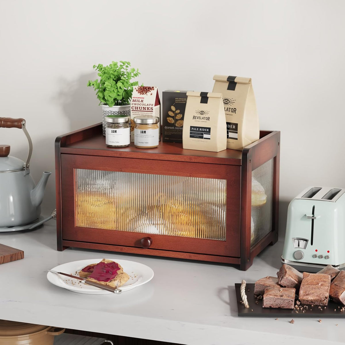 BAMBANG Bamboo Bread Box for Kitchen Countertop, Extra Large Farmhouse Bread Box with 4-Side Clear Panels, Wooden Bread Storage Container for Homemade Bread, Natural