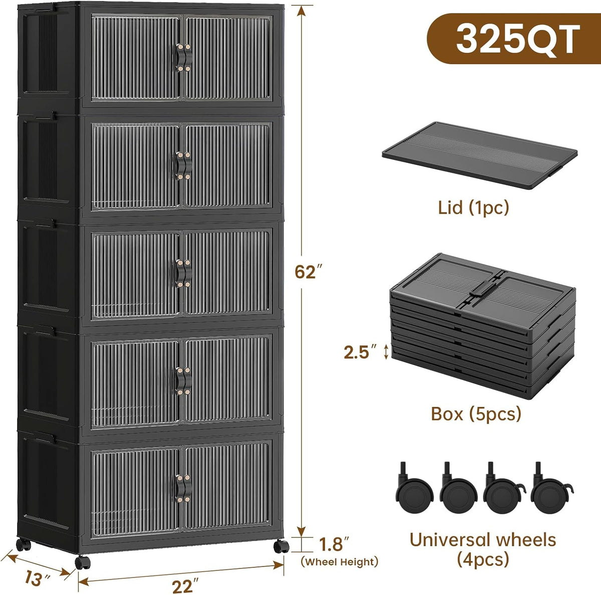 SAILUN 145Gal/580Qt Stackable Storage Bins Folding Collapsible Storage Bins with a Lid, Closet Organizers and Storage,White 26" W x 17" D x 71" H