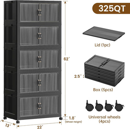 SAILUN 145Gal/580Qt Stackable Storage Bins Folding Collapsible Storage Bins with a Lid, Closet Organizers and Storage,White 26" W x 17" D x 71" H