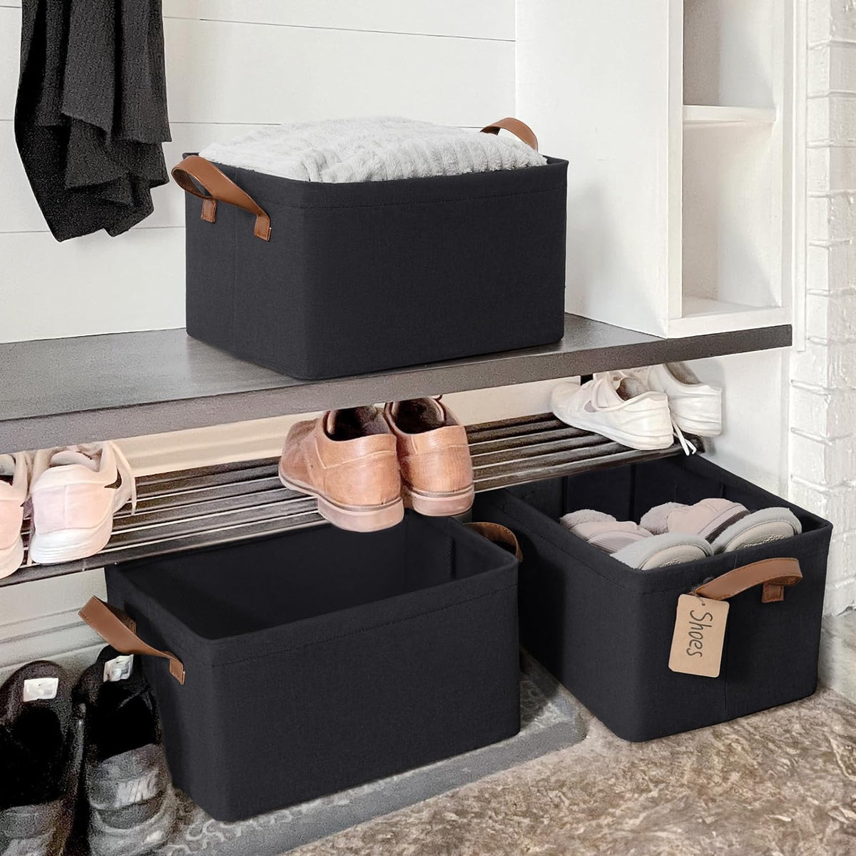 CHICVITA Large Storage Baskets for Shelves, Fabric Storage Bins with Metal Frame, Closet Organizers and Storage Boxes for Clothes Toy, Beige