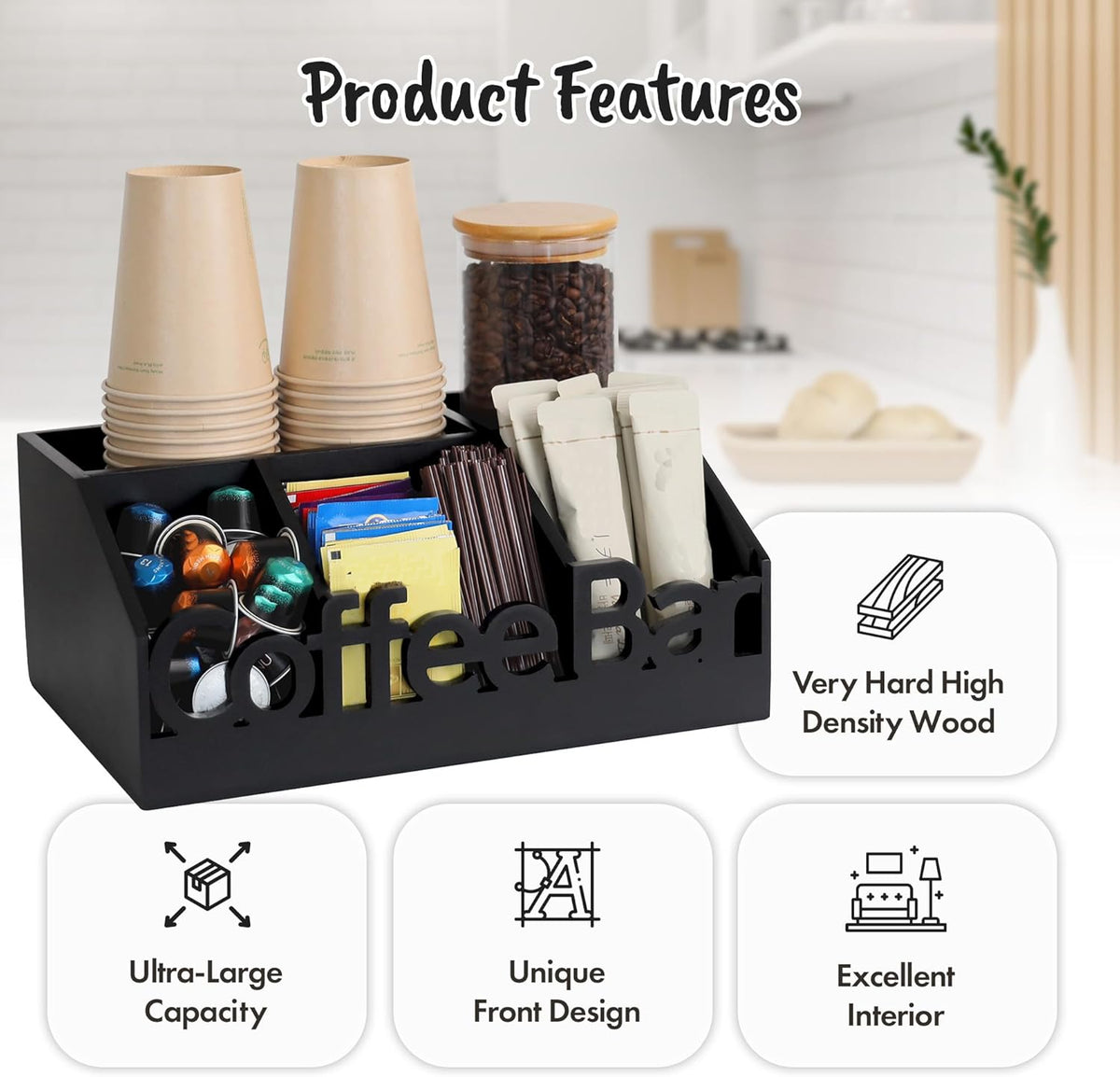 Coffee Bar Organizer for Countertop – Wooden Coffee Caddy with Compartments for Pods, Sugar Packets, and Accessories – Coffee Condiment Station Storage for Home and Office (Black)