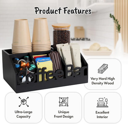 Coffee Bar Organizer for Countertop – Wooden Coffee Caddy with Compartments for Pods, Sugar Packets, and Accessories – Coffee Condiment Station Storage for Home and Office (Black)