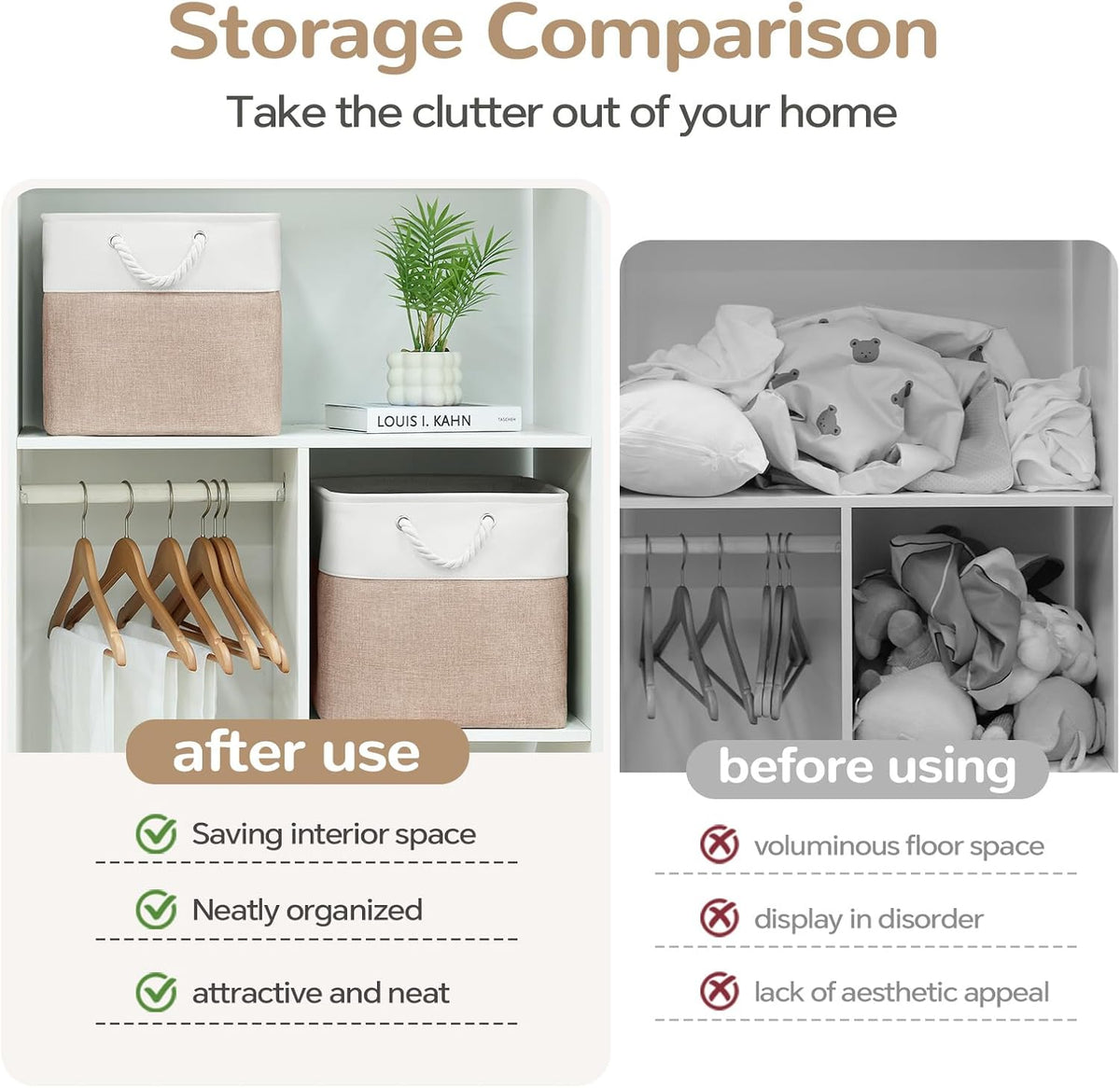 Large Storage Baskets- 15.7x11.8x8.26 inch Storage Bins for Shelves and Closet Organizing, Foldable Fabric Bin for Home Organization Clothes and Laundry (3-Pack, White&Khaki)