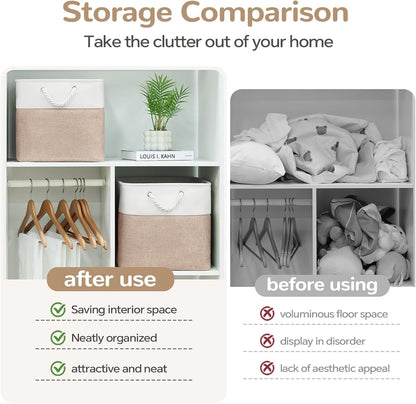 Large Storage Baskets- 15.7x11.8x8.26 inch Storage Bins for Shelves and Closet Organizing, Foldable Fabric Bin for Home Organization Clothes and Laundry (3-Pack, White&Khaki)