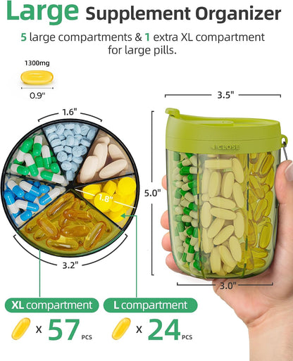 PULIV Large Pill Bottle Organizer for Holding 6 Various Vitamins without Filling Hassle, Supplement Organizer for Travel, Anti-Mixing Pill Box Case with Wide Opening for Easy Pill Retrieval, 20 Labels