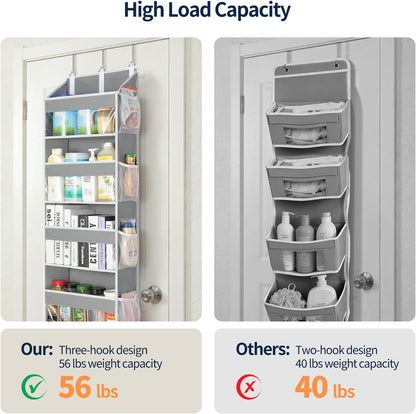 Yecaye Over the Door Organizer 5 Tiers, Heavy Duty Hanging Storage with 5 Large Clear PVC Pockets and 10 Side Pockets, 56lbs Capacity for Closet Door Bathroom Bedroom Nursery Dorm Laundry Room, Grey