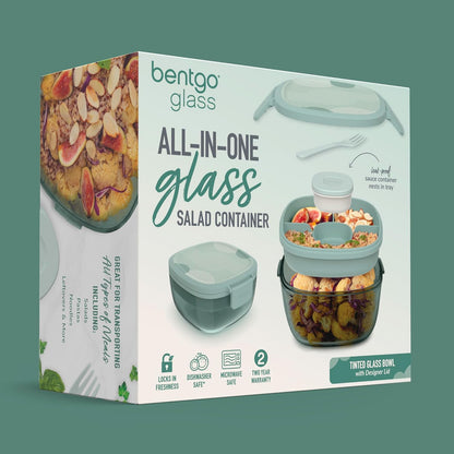 Bentgo Glass Prints Salad Container - 7.6-Cup Tinted Glass Salad Bowl with Airtight Lid, Leak-Proof Sauce Container, 4-Compartment Bento Meal Prep Tray & Reusable Fork (Floral Maximalist - Sea)