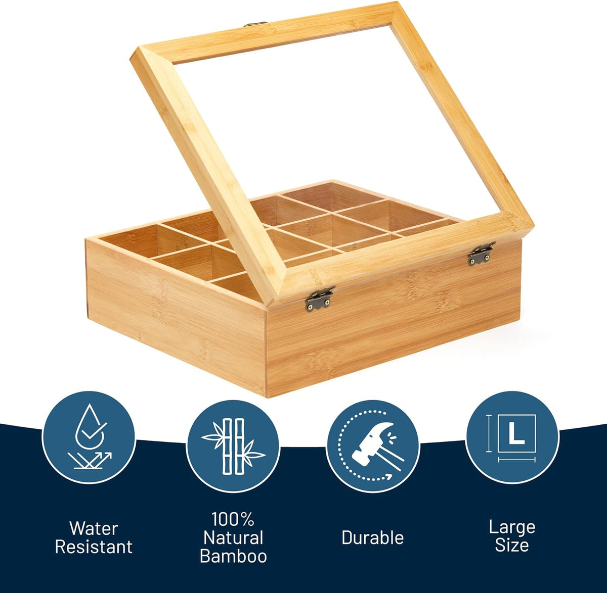 RoyalHouse Big Natural Bamboo Tea Storage Organizer with Clear Acrylic Top Window, 8 Compartments Eco-Friendly Tea Bag Holder, Multi-Functional Storage Box