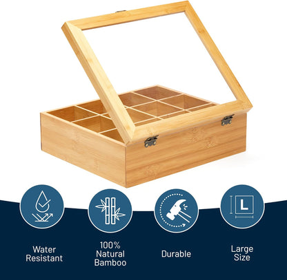 RoyalHouse Big Natural Bamboo Tea Storage Organizer with Clear Acrylic Top Window, 8 Compartments Eco-Friendly Tea Bag Holder, Multi-Functional Storage Box