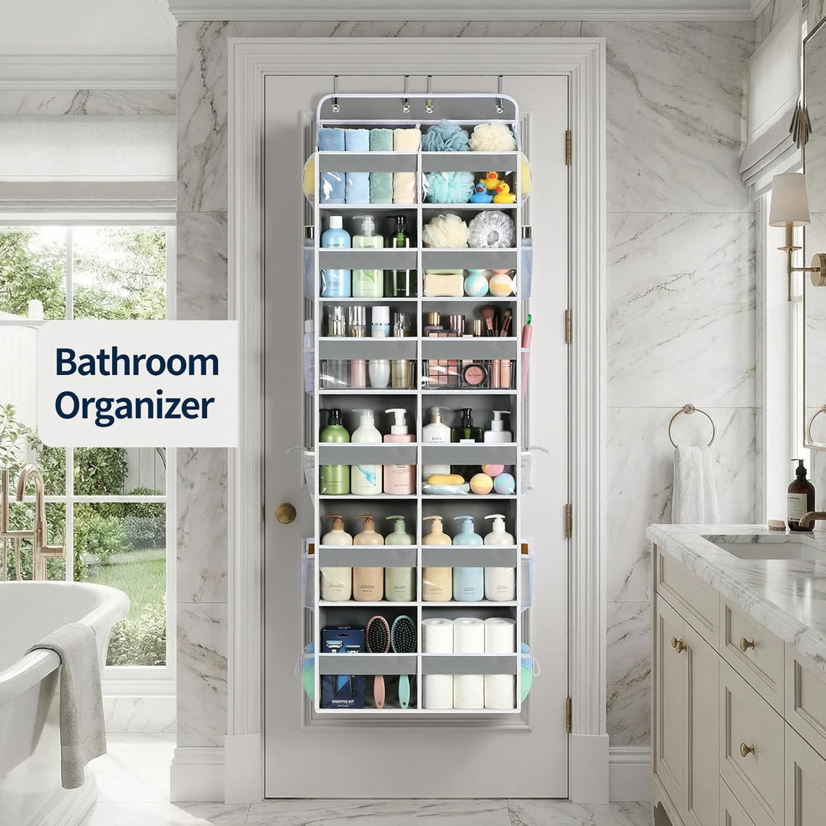 Yecaye Over The Door Organizer, 5 Tier Extra Large Behind Door Storage of 10 Compartments, 80lbs Heavy Duty Door Organizer Hanging with Clear Window for Closet Bedroom Pantry Bathroom, Grey