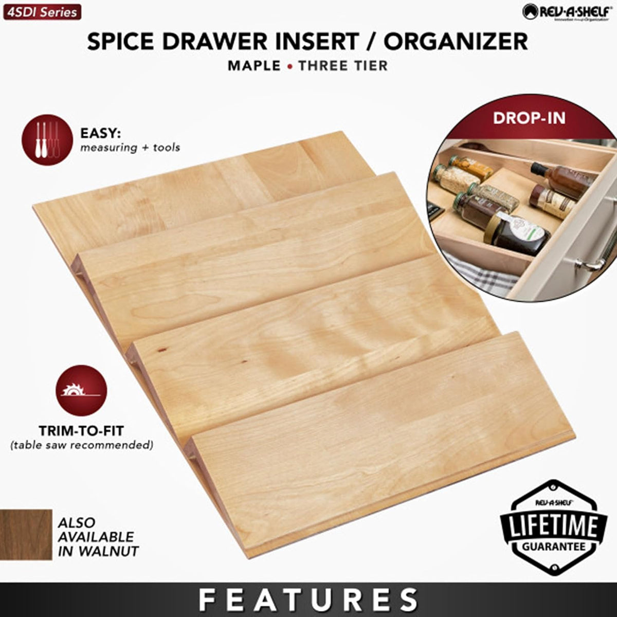 Rev-A-Shelf 36" 3 Tiered Seasoning Organizer, Trim-to-Custom-Fit Wooden Kitchen Draw and Cabinet Home Storage Insert, Pull Out Spice Rack, Maple, 4SDI-36-1