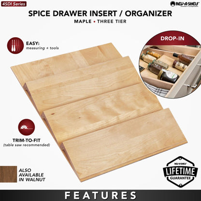 Rev-A-Shelf 36" 3 Tiered Seasoning Organizer, Trim-to-Custom-Fit Wooden Kitchen Draw and Cabinet Home Storage Insert, Pull Out Spice Rack, Maple, 4SDI-36-1