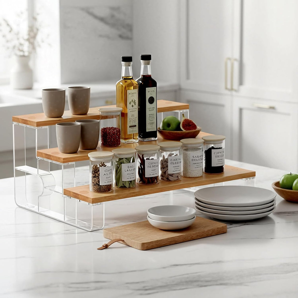junyuan Spice Rack Organizer for Cabinet,3 Tier Spice Organization for Kitchen,Bathroom Organizers and Storage,Seasoning Countertop Shelf,Bamboo Display Shelves Racks,Clear 11.2"