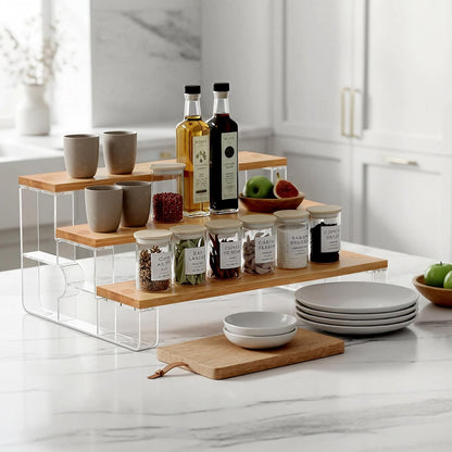 junyuan Spice Rack Organizer for Cabinet,3 Tier Spice Organization for Kitchen,Bathroom Organizers and Storage,Seasoning Countertop Shelf,Bamboo Display Shelves Racks,Clear 11.2"