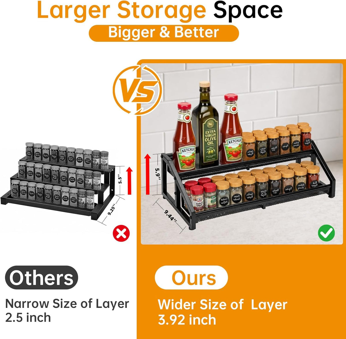 3 Tier Expandable Spice Rack Organizer for Kitchen,13.7"-23.6" Heavy Duty Spice Organization Shelf,Metal Pantry Storage Shelves Racks, Good Space for for Pantry, Counter top,Patent Pending