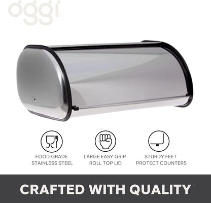 Oggi Stainless Steel Roll Top Bread Box for Kitchen Countertop with Tempered Glass Lid - Fits Multiple Large Loaves of Bread and Other Freshly Baked Goods Including Cookies, Bagels, Muffins