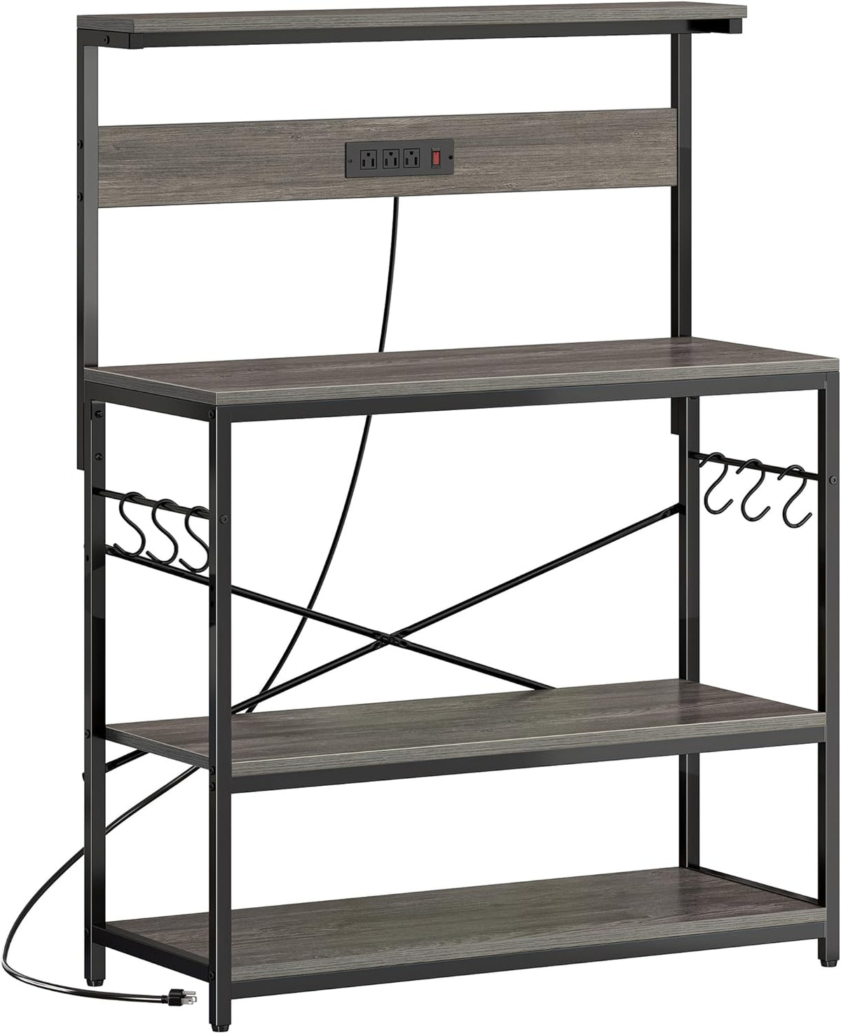 SUPERJARE Kitchen Bakers Rack with Power Outlet, Coffee Bar Table 4 Tiers, Kitchen Microwave Stand with 6 S-shaped Hooks, Storage Shelf Rack for Spices, Pots and Pans - Rustic Brown