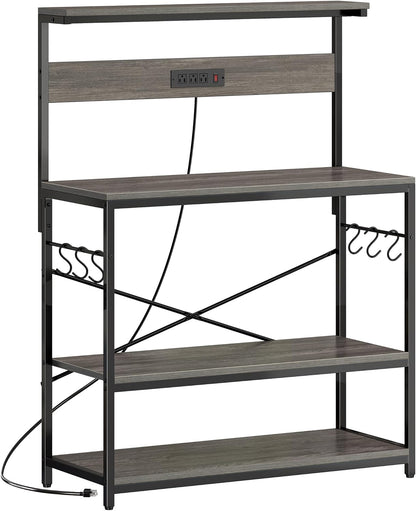 SUPERJARE Kitchen Bakers Rack with Power Outlet, Coffee Bar Table 4 Tiers, Kitchen Microwave Stand with 6 S-shaped Hooks, Storage Shelf Rack for Spices, Pots and Pans - Rustic Brown